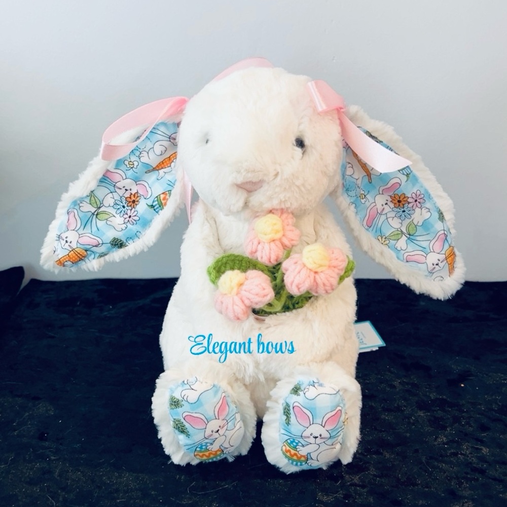 Jellycat Custom made Easter Bunny with adorable Easter pattern with pink flowers